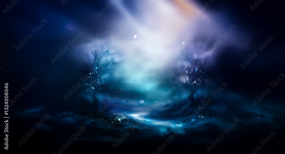 Poster eerie dark scene with shadowy tree-like shapes flanking a bright, misty light source. mysterious, ma