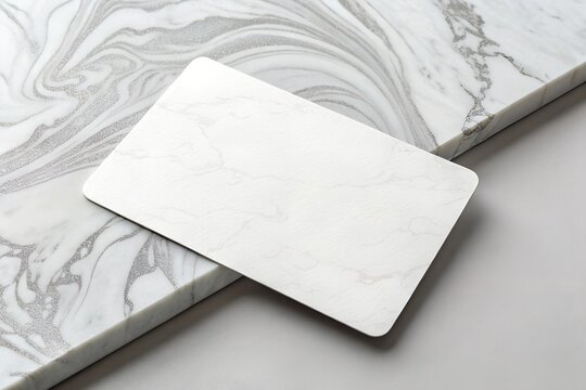 Elegant business card mockup with a marble effect on a neutral background. Realistic template for branding and corporate identity. High-resolution design with soft lighting.