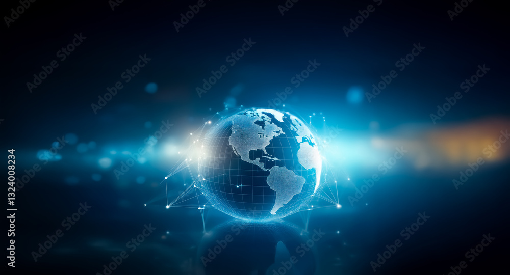 Poster Glowing digital globe with network connections against a dark blue backdrop.  The world is illuminated with bright light and connected by a glowing network.