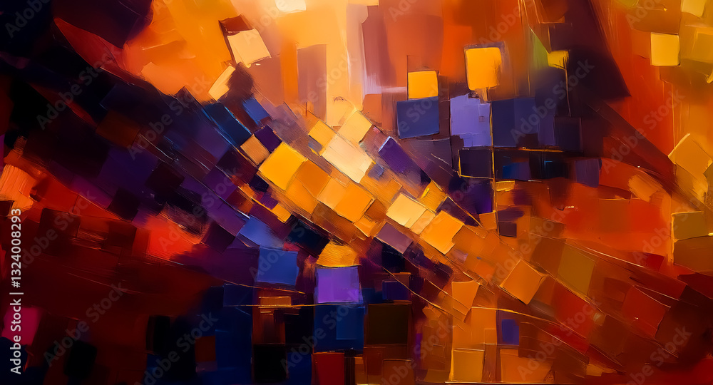 Aufkleber Abstract artwork with vibrant colors and geometric shapes. Squares in shades of orange, yellow, red, and blue are scattered and overlap, creating a textured, dynamic composition.