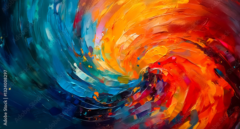 Poster abstract artwork featuring a dynamic swirl of vibrant blue and orange colors. brushstrokes create te
