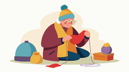 An elderly woman knitting scarves and hats for a homeless shelter finding purpose and fulfillment in using her skills to give back.. Vector illustration