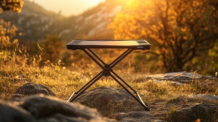 A compact, folding camping table, its sleek black frame standing out against a pristine, transparent backdrop, ready for adventure on the trails.