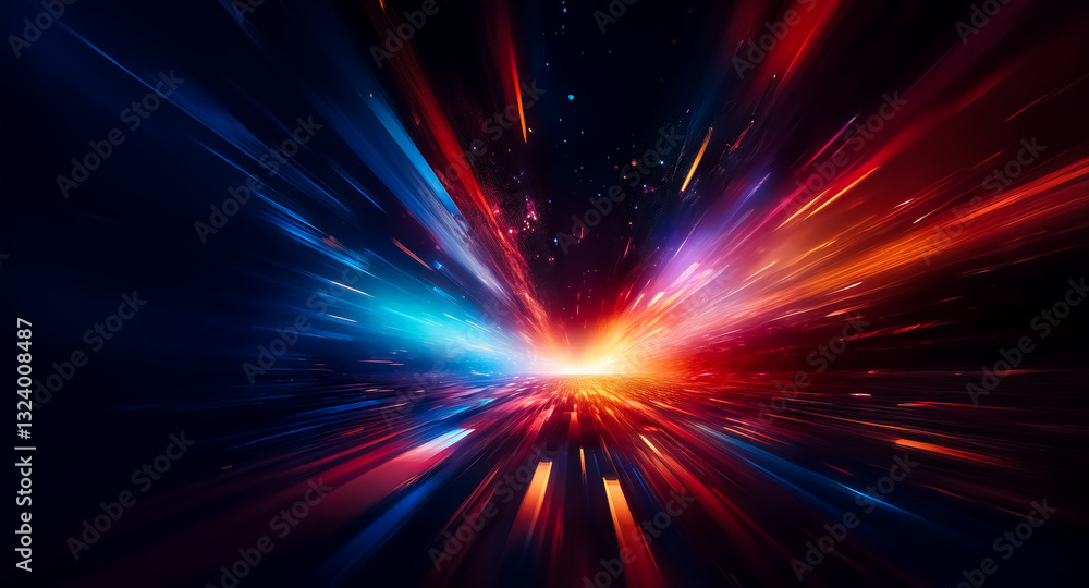 Leinwandbilder Abstract image features dynamic streaks of vibrant blue and red light emanating from a central point, creating a sense of speed and energetic burst against a dark backdrop.