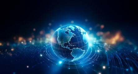 Obraz premium Glowing digital globe with blue lines and dots on dark backdrop. Bokeh lights suggest global connection and modern technology.