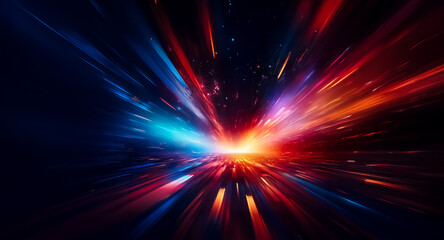 Abstract image features dynamic streaks of vibrant blue and red light emanating from a central point, creating a sense of speed and energetic burst against a dark backdrop.