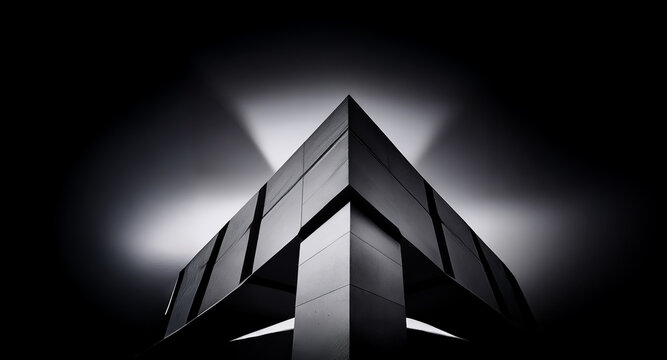 A stark black and white low-angle shot captures a modern building corner, dramatically lit from behind against a dark background.