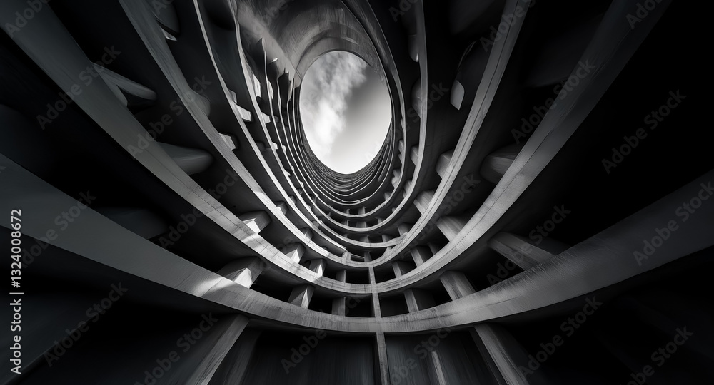 Leinwandbilder low angle view of a circular, concrete structure reaching up to the sky. black and white image with 
