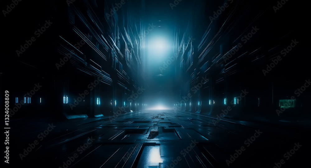 Aufkleber dark futuristic tunnel illuminated by a bright light at the end. sleek metallic walls and floor crea