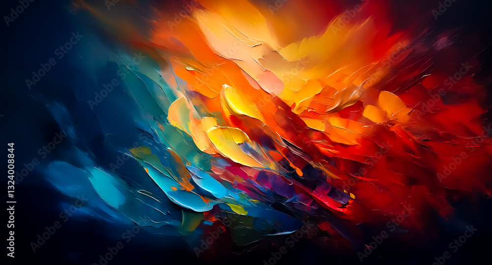 Poster Vibrant abstract painting featuring a dynamic burst of warm and cool colors. Expressive brushstrokes create a sense of movement and depth in this artistic piece.