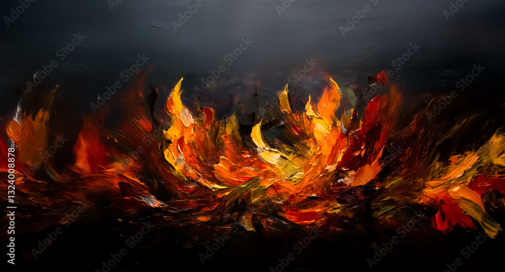 Poster abstract painting featuring vibrant, fiery colors against a dark backdrop. brushstrokes create a dyn