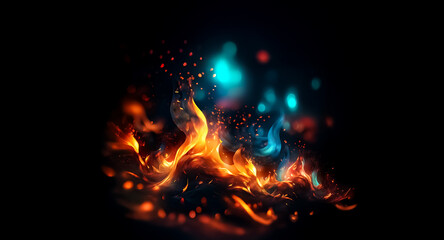 Vivid flames burst against darkness, blending orange, yellow, and blue hues in a stylized fire effect. Dynamic energy radiates from the glowing embers.