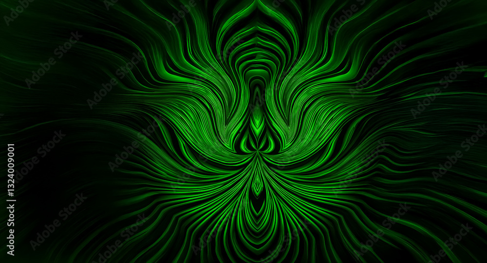 Fototapete symmetrical abstract design in vibrant green hues on a dark background. flowing organic shapes resem