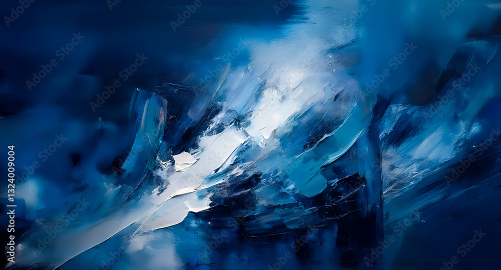 Aufkleber abstract artwork featuring dynamic brushstrokes in shades of deep blue and white. the painting creat