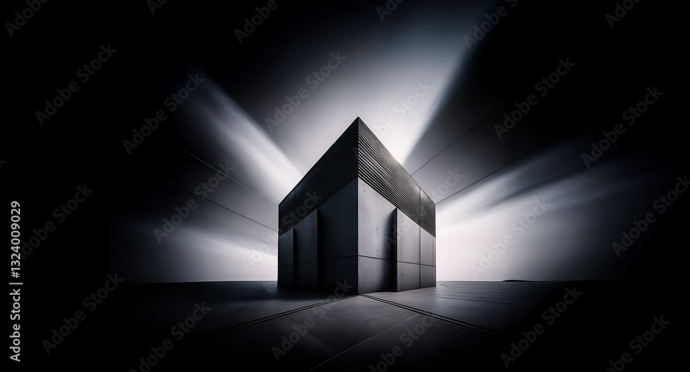 Poster dramatic, geometric building with sharp angles in a dark setting. light rays emanate from behind, hi