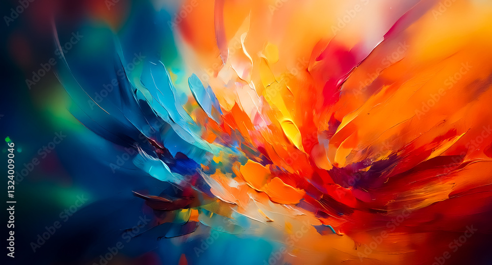 Poster colorful brushstrokes create an abstract burst of energy. vivid hues of blue, orange, red, and yello