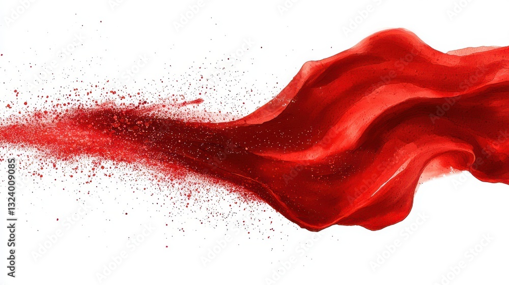 Poster vibrant red fluid movement with splashes and flowing waves in a white background
