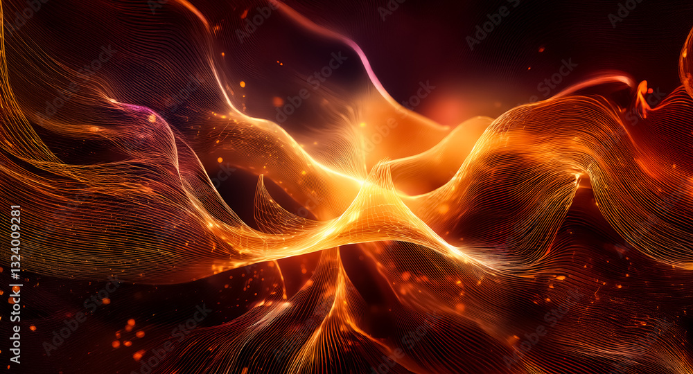 Poster Abstract image features vibrant, flowing lines of warm orange and red hues against a dark backdrop.  Light emanates from the center, creating a dynamic and fiery effect.