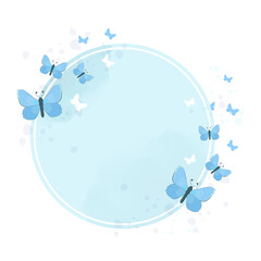 Delicate Circular Frame with Blue Butterflies and Soft Watercolor Background. Hand-Drawn Border for Wedding Invitations, Greeting Cards, Branding, and Romantic Design Projects.