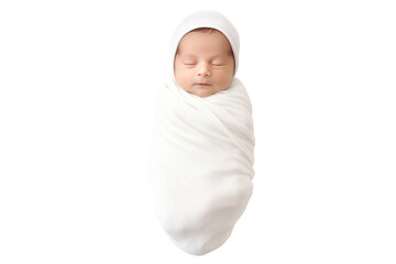 A cute little newborn baby sleeping peacefully, wrapped in a soft blanket, with tiny hands peeking out isolated on white background