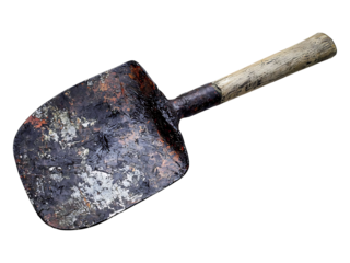 Weathered shovel with a rustic, aged metallic finish and a light wood handle.  A striking image conveying themes of hard work, resilience, and the passage of time.