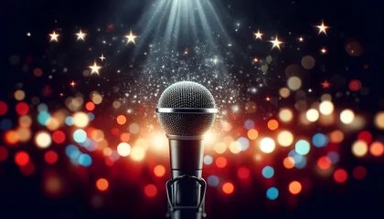 Fotobehang microphone on dark background, glare and bokeh © north100