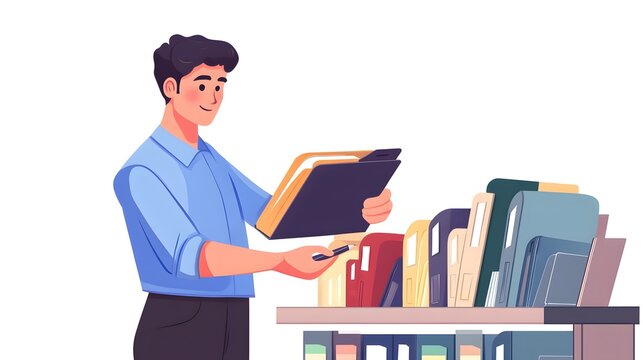 Professional man organizing digital files into categorized folders illustration