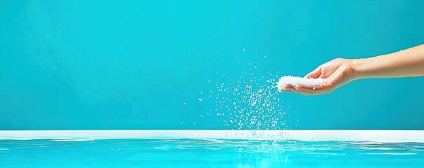 A hand releasing salt into a calm, turquoise water surface creating ripples.
