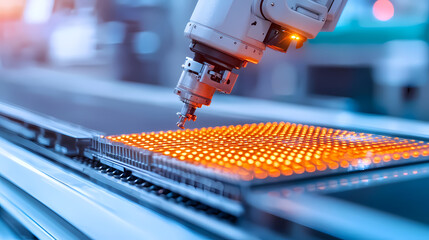 A robotic arm is delicately placing orange components on a conveyor, showcasing advanced automation in a manufacturing environment.