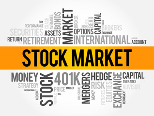Stock Market - a public marketplace where buyers and sellers trade shares of publicly traded companies, word cloud concept background