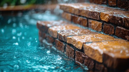 Cascading water feature, stone steps, garden setting