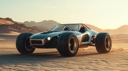 A sleek, silver desert buggy, its powerful engine humming, stood poised on a transparent backdrop, ready to carve through the dunes at breakneck speed, a symbol of adventure and freedom.