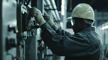 Professional Electrician Performing Maintenance on High-Voltage Equipment in an Industrial Setting
