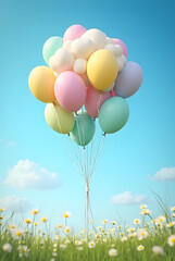 Vibrant Easter Balloon Cloud with Floating Festive Eggs Against a Bright Blue Sky, Creating a Cheerful and Joyful Holiday Atmosphere