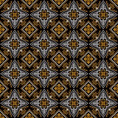 This picture shows fabric patterns with repeated patterns. It consists of golden yellow and white flowers on a black background. These patterns are arranged in a grid pattern. Causing beautiful and un
