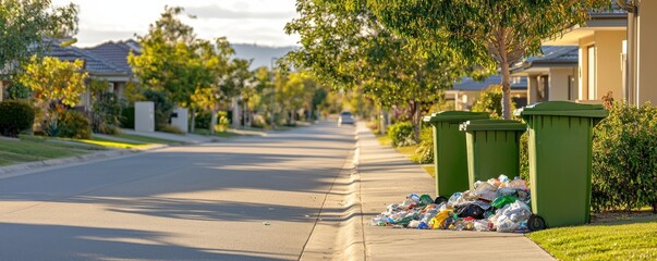 A street scene featuring overflowing garbage bins and waste near residential homes.