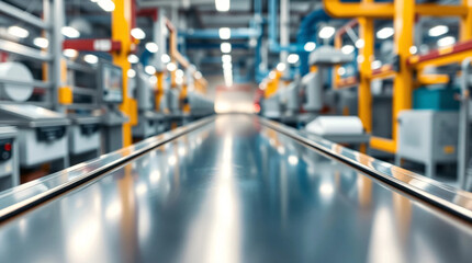 Clean, metallic assembly line surface with a blurred, dynamic factory background.