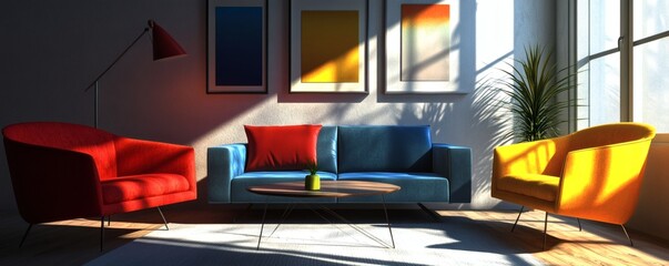 Interior living room setting featuring colorful furniture and modern art