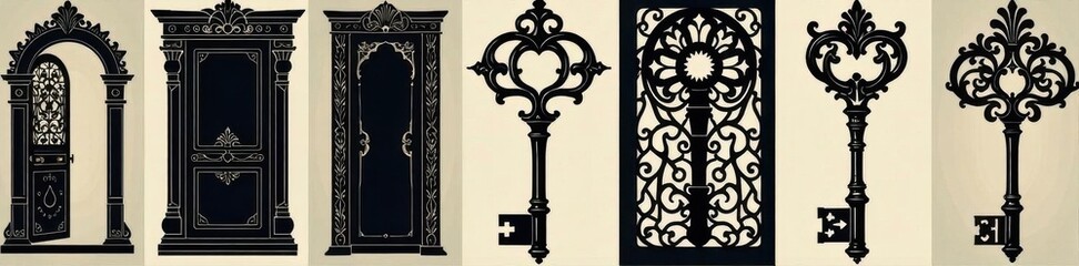 Elegant abstract vector set of black antique key silhouettes Medieval and modern styles Open door concept , silhouette, graphics, door