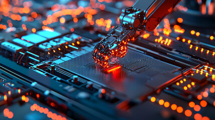 A close-up view of a robotic arm interacting with a glowing circuit board, showcasing advanced technology and intricate electronic components.