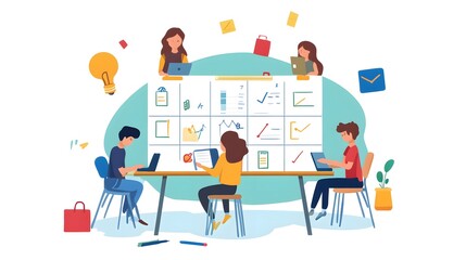 Professional Students Collaborating to Plan Their Lesson Schedules Illustration