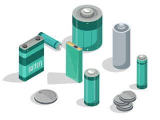 isometric battery cell rechargeable alkaline accumulators electronic power supply compact device illustration various batteries