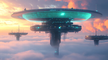 Futuristic cityscape with floating structures amidst colorful clouds at sunset.