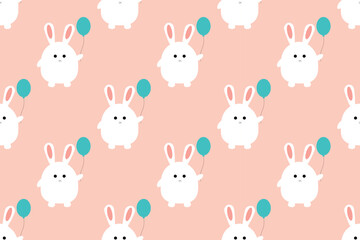 Beautiful seamless pattern with cartoon character on delicate pink background. Fat cute white rabbit holds balloon in his paws. For greetings, postcards, textiles, packaging, backgrounds.