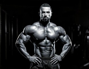 Muscular Bodybuilder: Dramatic Black and White Portrait