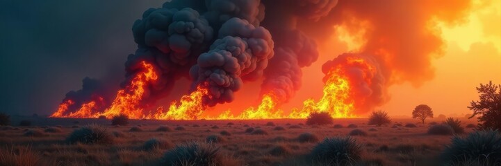 Raging inferno consuming dry brush, smoke billowing , heat, red