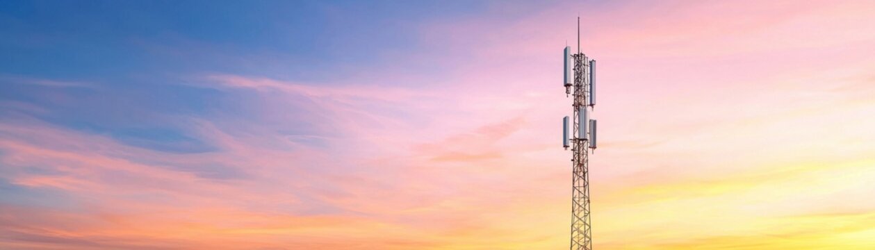 A striking telecommunications tower against a vibrant sunset sky.