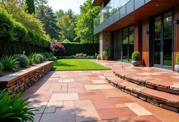 Timeless Elegance: Detailed Stone Patio Featuring Red Sandstone Flagstone, Built-In Seating, and Lush Greenery, Seamlessly Blending Classic English Garden with Modern Urban Living in 16K Resolution

