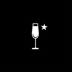 White champagne glass icon with a star on black background, minimalist vector illustration for celebration and event designs