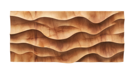 A carved wooden panel featuring flowing wave patterns, showcasing natural textures and tones, perfect for design projects or decorative elements.
